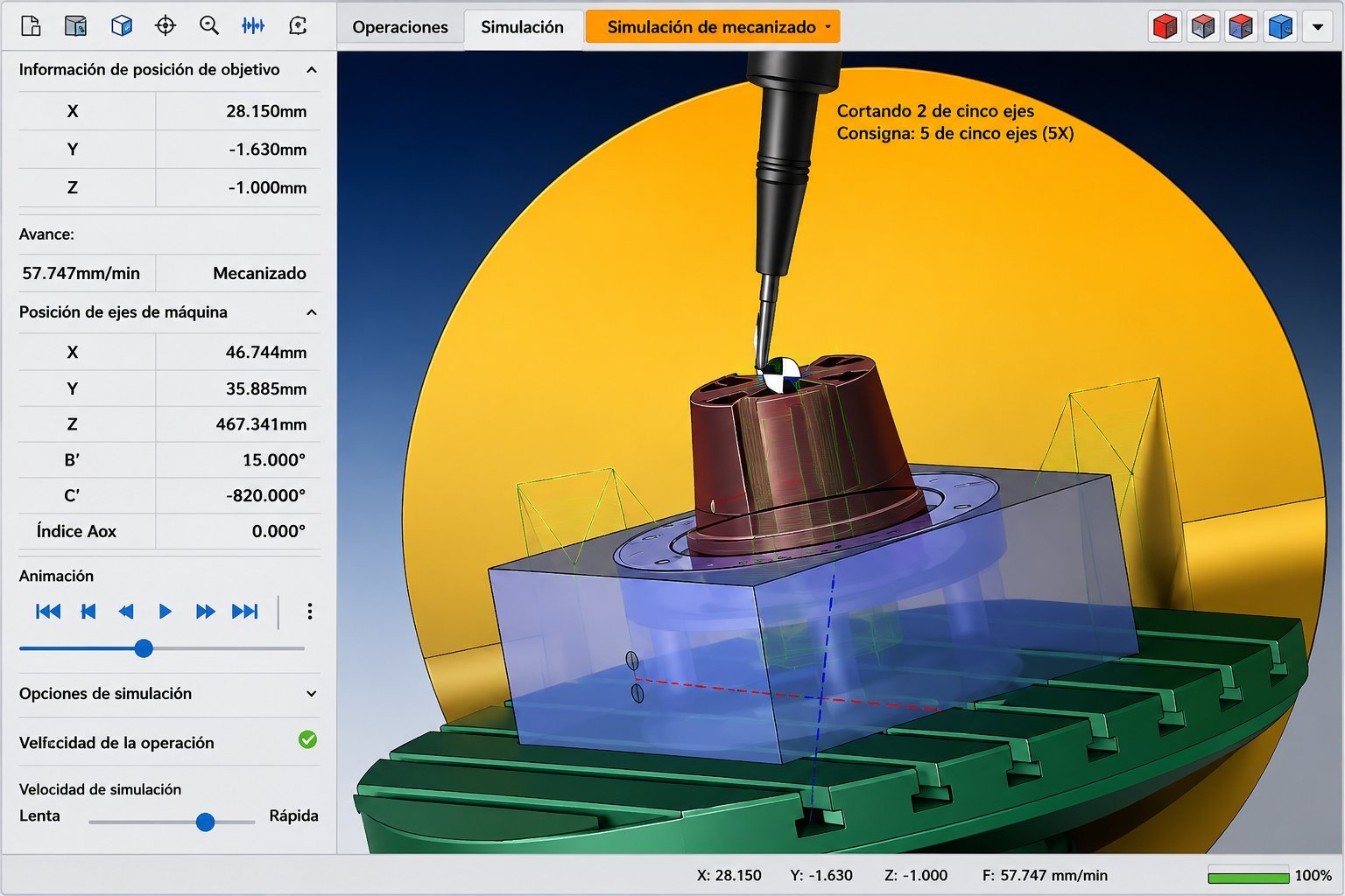 Simulación CAM de mecanizado 5 ejes del molde de maceta